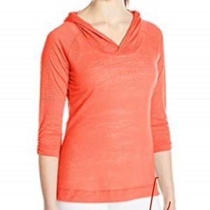 Columbia Orange Hooded Shirt, 3/4 sleeve, burnt out, size small